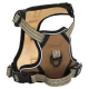 Ein beige Haustiergeschirr mit schwarzem Rand, das verstellbare Riemen und einen D-Ring zur Leinenbefestigung aufweist, begleitet von einer passenden Leine und einem Halsband.