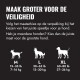 Gids voor hondenspeelgoedmaten 'Maak groter voor de veiligheid' M 15–35 lb (7–16 kg), L 30–65 lb (13–30 kg), XL 60–80 lb (27–36 kg).
