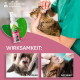 Tierarzt untersucht braun getigerte Katze neben Baviette-Ohrenpflegespray; sichtbarer Text: 'WIRKSAMKEIT', 'VORHER', 'NACHHER'.