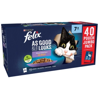 Colorful box of Purina Felix cat food with a playful black and white cat, containing 40 pouches of mixed jelly flavors: beef, salmon, chicken, tuna.