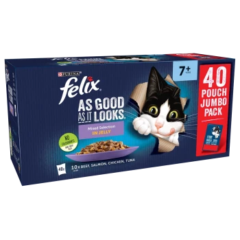 Colorful box of Purina Felix cat food with a playful black and white cat, containing 40 pouches of mixed jelly flavors: beef, salmon, chicken, tuna.