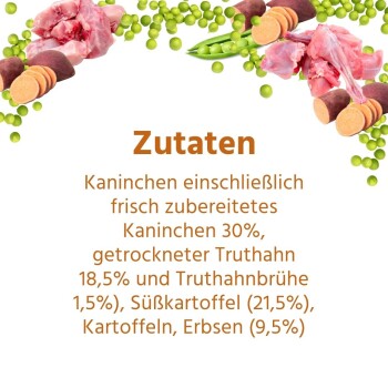 Zutatenliste für Hundefutter: Kaninchen (30%), getrockneter Truthahn (18,5%), Truthahnbrühe (1,5%), Süßkartoffel (21,5%), Kartoffeln, Erbsen (9,5%).