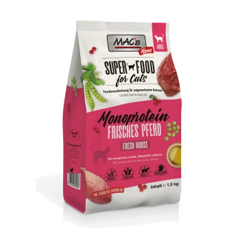 MAC's 1,5 kg Super Food für Katzen mit Pferdefleisch, grünen Erbsen und Cranberries; getreidefrei und vom Tierarzt empfohlen.