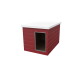 Rotes rechteckiges Holz-Tierhaus mit weißem Flachdach und offenem rechteckigem Eingang.