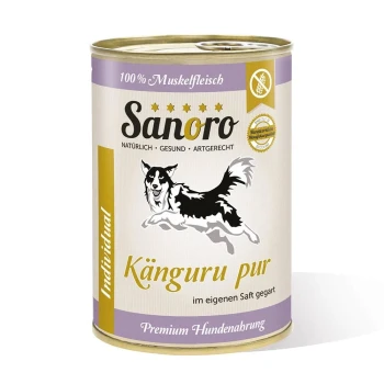 Dose Sanoro Hundefutter mit einer springenden Hundesilhouette, gekennzeichnet mit "Känguru pur" und "100% Muskelfleisch" sowie "Premium Hundenahrung."