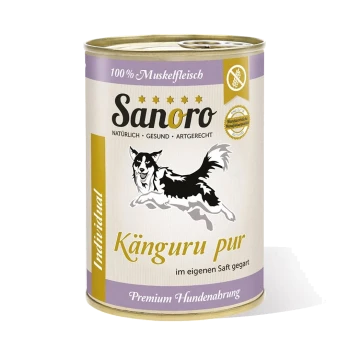 Dose Sanoro Hundefutter mit einer springenden Hundesilhouette, gekennzeichnet mit "Känguru pur" und "100% Muskelfleisch" sowie "Premium Hundenahrung."