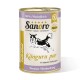 Dose Sanoro Hundefutter mit einer springenden Hundesilhouette, gekennzeichnet mit "Känguru pur" und "100% Muskelfleisch" sowie "Premium Hundenahrung."