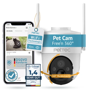 Pet Cam von Petec, mit 360°-Ansicht, WiFi-Technologie und einer Smartphone-App-Anzeige, die eine Katze zeigt. Enthält Bewertungen und Konformitätsabzeichen.