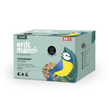 Schachtel mit Erdtmanns Classic Fettknödeln für Vögel, 35 Stück, mit blau-gelber Vogelillustration und mehrsprachigem Text.