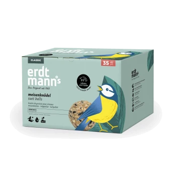Schachtel mit Erdtmanns Classic Fettknödeln für Vögel, 35 Stück, mit blau-gelber Vogelillustration und mehrsprachigem Text.