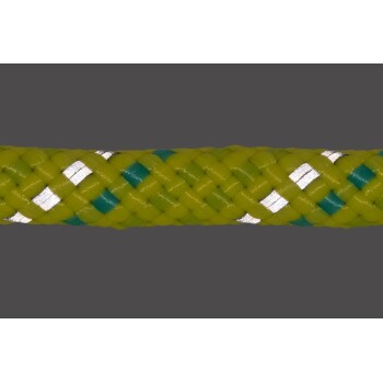 Eine Nahaufnahme eines lebhaften gelben und türkisfarbenen geflochtenen Seils, mit glänzenden silbernen Akzenten, die durchgewebt sind.