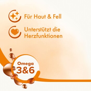 Oranje pictogrammen en tekst die de voordelen van Omega 3 & 6 voor huid, vacht en hartfuncties in het Duits benadrukken.