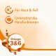Oranje pictogrammen en tekst die de voordelen van Omega 3 & 6 voor huid, vacht en hartfuncties in het Duits benadrukken.
