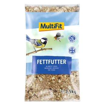 A 2.5 kg bag of MultiFit fat food for birds, featuring images of a great tit and a robin, with the text "FETTFUTTER" prominently displayed.
