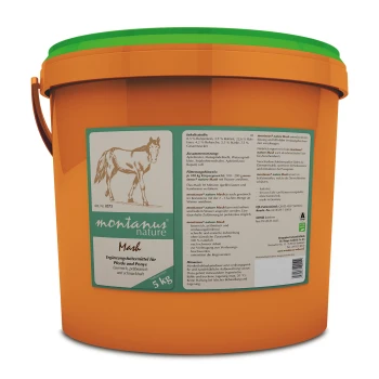 Oranger Eimer mit der Aufschrift 'montanus nature Mask' für Pferde und Ponys, der 5 kg Nahrungsergänzungsmittel mit aufgelisteten Inhaltsstoffen enthält.