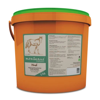 Oranger Eimer mit der Aufschrift 'montanus nature Mask' für Pferde und Ponys, der 5 kg Nahrungsergänzungsmittel mit aufgelisteten Inhaltsstoffen enthält.