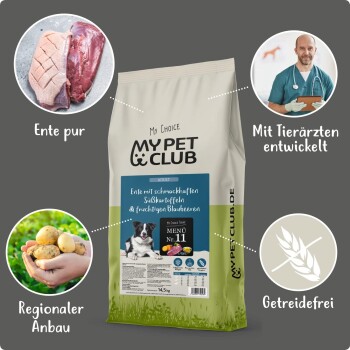 Hundefutterbeutel mit der Aufschrift "Mein Haustierclub", der Ente, Süßkartoffeln und Heidelbeeren enthält. Der Text erwähnt "getreidefrei" und "in Zusammenarbeit mit Tierärzten entwickelt."