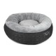 Runder Haustierbett mit einem weichen grauen Plüschinneren und einem dunkelgrauen gemusterten Äußeren, mit dem Text "TrendPet" auf der Seite gestickt.