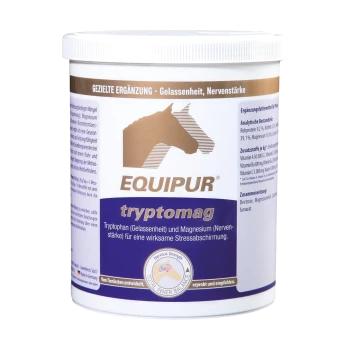Behälter von EQUIPUR tryptomag, einem Pferde-Nahrungsergänzungsmittel zur Entspannung und Nervenstärkung, mit Inhaltsstoffen wie Tryptophan und Magnesium.