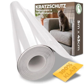 Klare selbstklebende Kratzschutzrolle und Verpackung mit Katze; Text: 'KRATZSCHUTZ/Transparent/Selbstklebend/5m x 43cm/100% KLAR'.