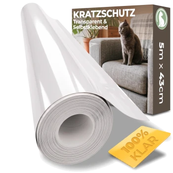 Klare selbstklebende Kratzschutzrolle und Verpackung mit Katze; Text: 'KRATZSCHUTZ/Transparent/Selbstklebend/5m x 43cm/100% KLAR'.