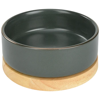 A dark gray ceramic pet food bowl with a wooden base, featuring a smooth interior and a subtle metallic rim.