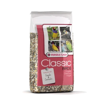 Eine Tüte Versele-Laga Classic Birds Vogelfutter mit einer natürlichen Mischung aus Samen und Getreide, mit Bildern von bunten Vögeln auf der Vorderseite.