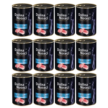 Dwanaście puszek karmy dla zwierząt Dolina Noteci Premium, oznaczonych 'Bogata w Jagnięcinie', z czarnym wzorem i obrazkami mięsa.