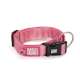 Rosa verstellbares Max & Molly Hundehalsband mit schwarzer Plastikschließe, metallischem D‑Ring, Logo und Anhänger 'Wenn verloren, bitte zurückgeben'.