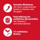 Text auf rotem Hintergrund hebt die Vorteile von Hundefutter hervor: unterstützt gesundes Wachstum, Immunität und besteht aus natürlichen Zutaten.