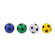 Four pet toy soccer balls in a row: blue, green, white, and yellow, each with black pentagon patches.