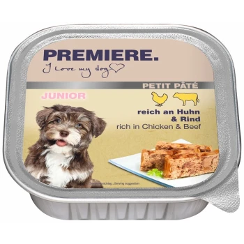 L'emballage de nourriture pour chiens montre un mignon chiot brun et blanc, étiqueté "PREMIERE," "JUNIOR," et "PETIT PÂTÉ," mettant l'accent sur "riche en poulet et bœuf."
