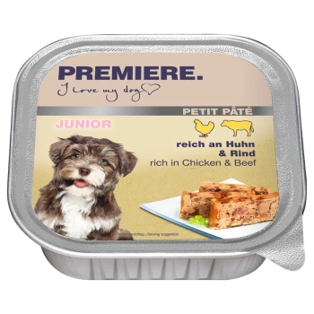 Die Verpackung für Hundefutter zeigt einen süßen braun-weißen Welpen, beschriftet mit "PREMIERE," "JUNIOR," und "PETIT PÂTÉ," betont "reich an Huhn & Rind."