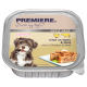 Die Verpackung für Hundefutter zeigt einen süßen braun-weißen Welpen, beschriftet mit "PREMIERE," "JUNIOR," und "PETIT PÂTÉ," betont "reich an Huhn & Rind."