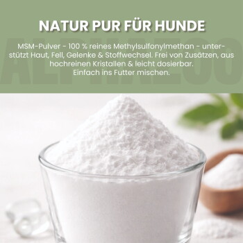 Bewertung von MSM-Schwefelpulver für Hunde, das seine Wirksamkeit bei Gelenkproblemen hervorhebt, mit einer Bewertung von 4,8/5 aus 7.191 Bewertungen.