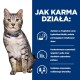 Szary kot tabby z zielonymi oczami i niebieską obrożą siedzi obok tekstu o korzyściach z karmy dla kotów, takich jak redukcja stresu i kontrola minerałów.