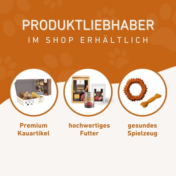Orangenes Banner mit der Aufschrift 'PRODUKTLIEBHABER IM SHOP ERHÄLTLICH' über Kreisen: Premium Kauartikel; hochwertiges Futter; gesundes Spielzeug.