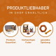 Orangenes Banner mit der Aufschrift 'PRODUKTLIEBHABER IM SHOP ERHÄLTLICH' über Kreisen: Premium Kauartikel; hochwertiges Futter; gesundes Spielzeug.