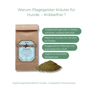 Braune Papiertüte des Kribbelfrei Kräuter-Hundezusatzes mit losem Pulver und deutschem Text, der Vorteile und Anwendung beschreibt.