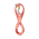 Eine rosa Haustierleine mit einem silbernen Karabinerclip, mit Gummigriffen mit einem Logo, vor einem weißen Hintergrund präsentiert.