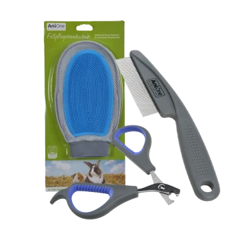 Ensemble d'outils de toilettage comprenant un gant de toilettage en caoutchouc bleu, un peigne et des coupe-ongles, emballé avec une étiquette verte d'AniOne.