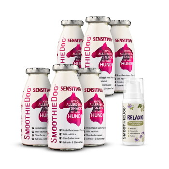 Sechs SmoothieDog Sensitivo hypoallergene Snack-Flaschen für Hunde und eine SmoothieDog Relaxio-Flasche mit beruhigendem Kräuterspray.