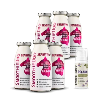 Sechs SmoothieDog Sensitivo hypoallergene Snack-Flaschen für Hunde und eine SmoothieDog Relaxio-Flasche mit beruhigendem Kräuterspray.
