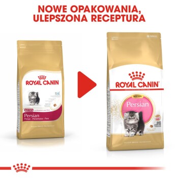 Dwie torby karmy dla kociąt Royal Canin z nowym designem i ulepszoną formułą, z tekstem 'NOWE OPAKOWANIA, ULEPSZONA RECEPTURA.'