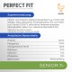 Haustierfutterpaket mit der Aufschrift "Perfect Fit" für ältere Haustiere, das Huhn, 35% Protein, 13% Fett und 8% anorganische Stoffe enthält.