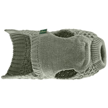 Ein gemütlicher grüner gestrickter Hundepullover mit rundem Hals und offenen Seiten, mit einem kleinen 'HUNTER'-Tag.