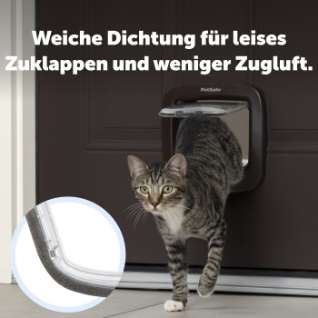 PetSafe 4-Wege Haustiertür mit braunem Rahmen und deutschen Anweisungen für Zugangsmöglichkeiten: "Rein oder raus," "Nur rein," "Nur raus," "Verschlossen."