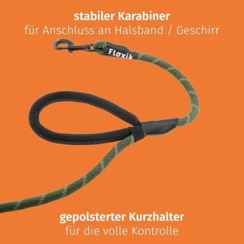 Robuste Hundeleine mit einem stabilen Karabiner zur Befestigung am Halsband/Geschirr, mit einem gepolsterten Griff für volle Kontrolle, auf einem orangefarbenen Hintergrund.
