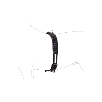 Schwarzes verstellbares Hundegeschirr mit mehreren Metallringen und Riemen, entworfen für Komfort und Kontrolle.