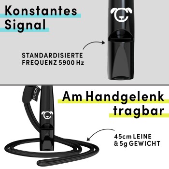 Schwarze Hundetraining Pfeife mit einem Bärenlogo, mit Text über ein konstantes Signal bei 5900 Hz und einer 45 cm langen Leine, die 5 g wiegt.